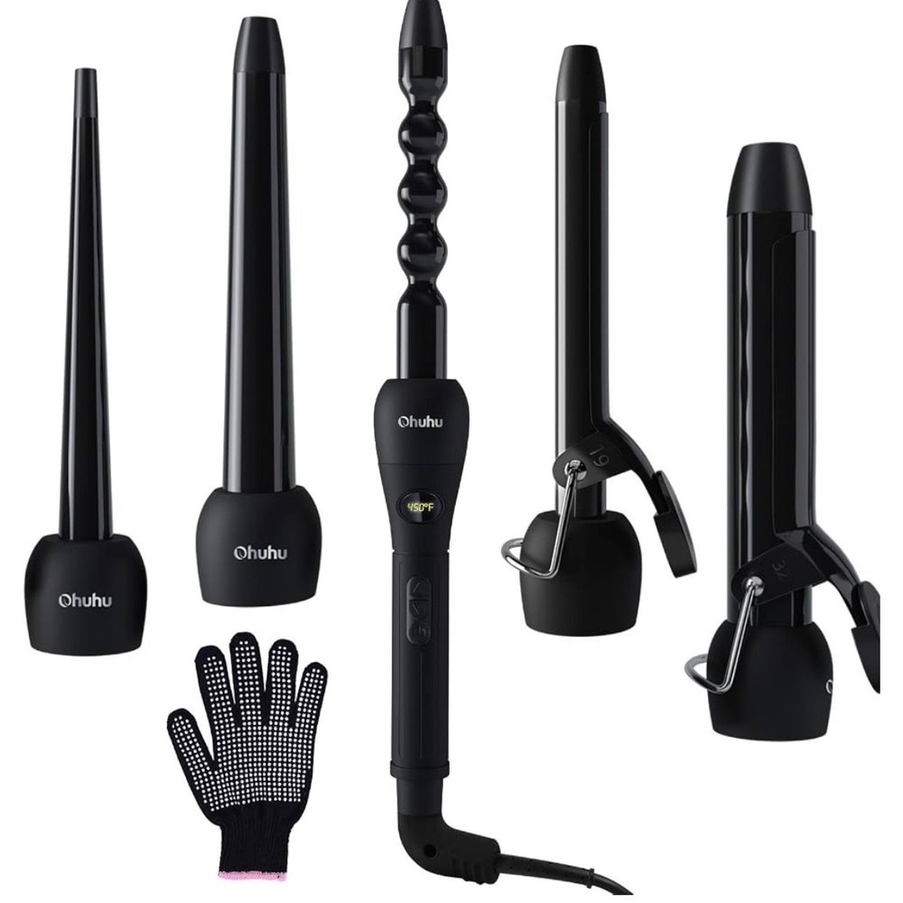 Ohuhu 5 in 1 Curling Iron Wand Set Interchangeable Ceramic Barrels Black